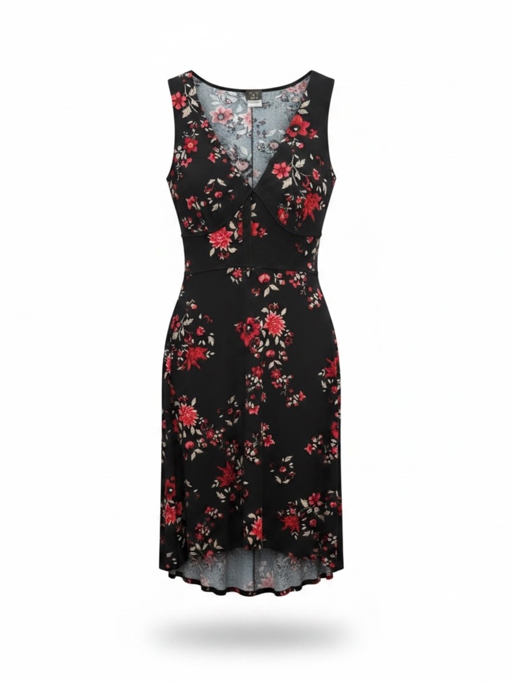 Sleeveless Black Midi Dress with Red Floral Print
